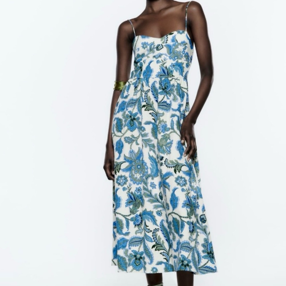 Zara Blue and White Floral Midi Dress